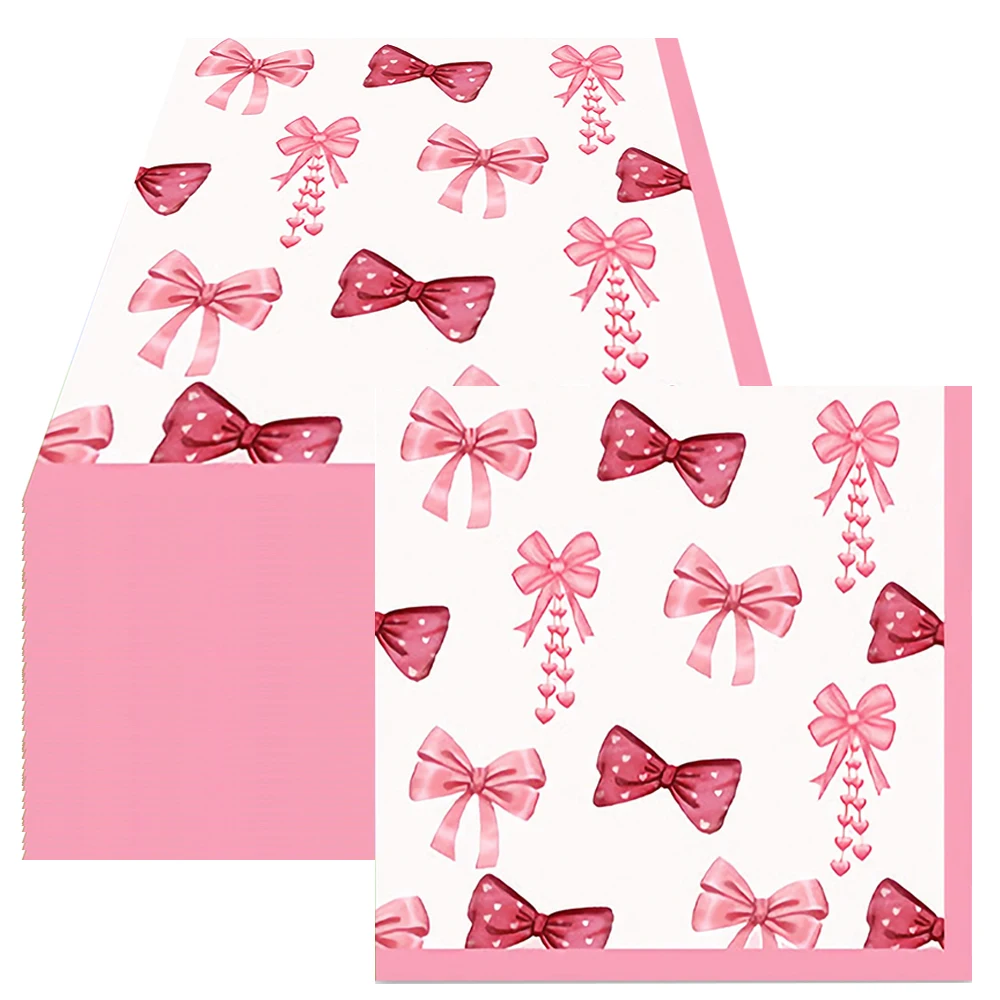 20/40/60pcs Pink Bow Cocktail Napkins Girl's Birthday Napkins Pink Coquette Bow Disposable Party Napkins Bow Theme Party Decors