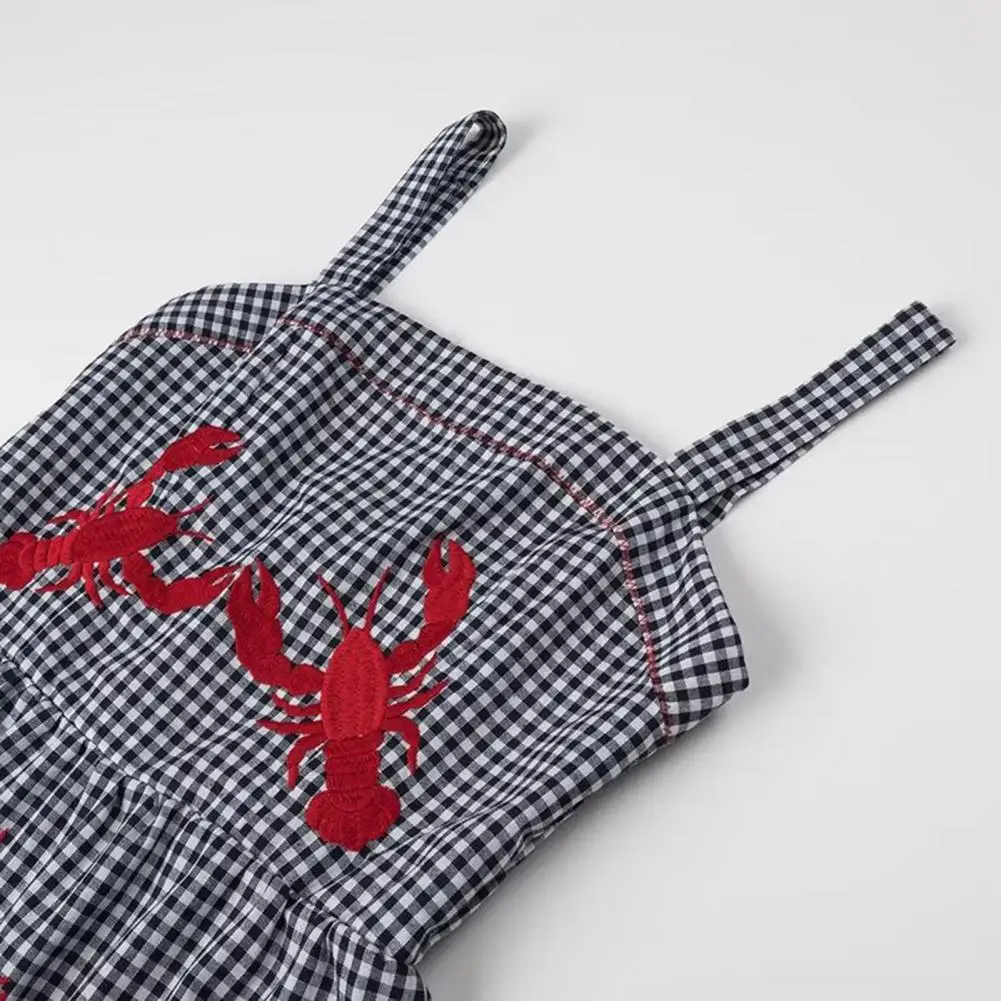 فستان نسائي مطرز برقبة مربعة ، فستان متوسط الطول منقوش أنيق ، تطريز جراد البحر ، عطلة ناعمة جيدة التهوية ، شاطئ