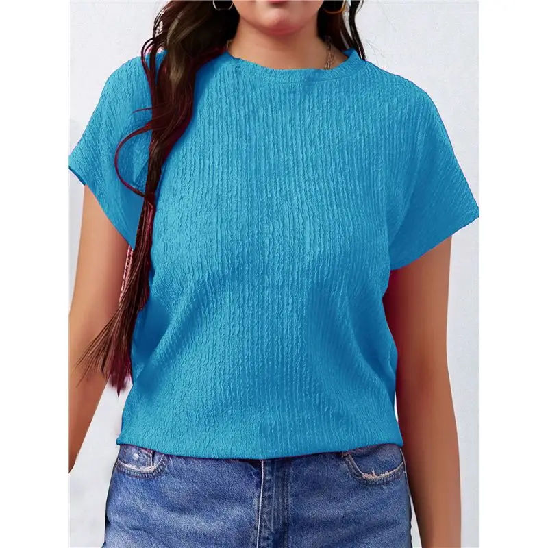 CYL-Damskie bluzki plus size z krótkim rękawem, okrągły dekolt, letnie bluzki, codzienne, luźne, lekkie, podstawowe koszulki wkładane przez głowę