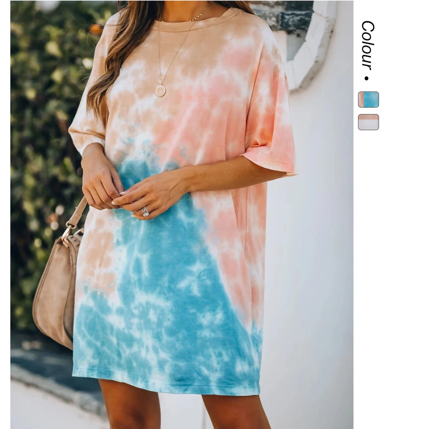 2025 Primavera/Novedad de verano Vestido largo con camiseta cómoda e informal holgada con tinte dibujo Tie 115