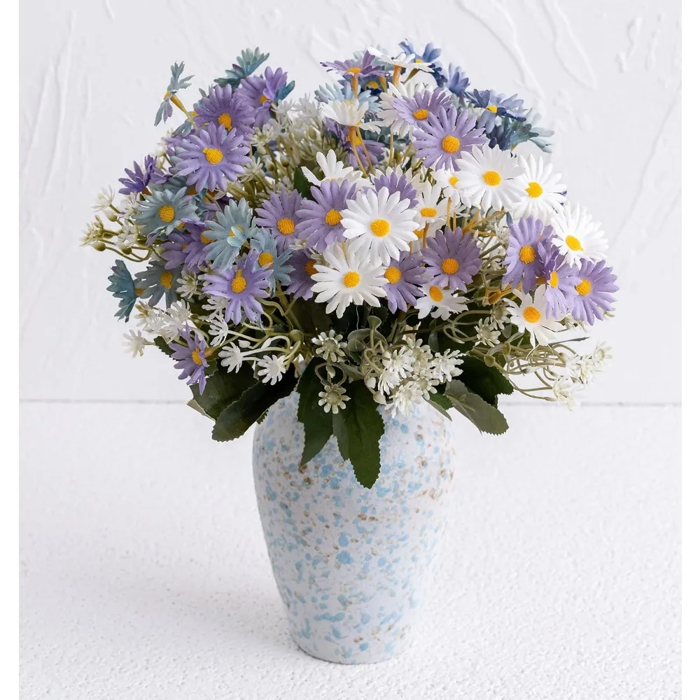 Flores de imitación con florero, flores artificiales en jarrón, arreglos de margaritas azules y moradas, decoraciones para ramos de boda, flores de otoño F
