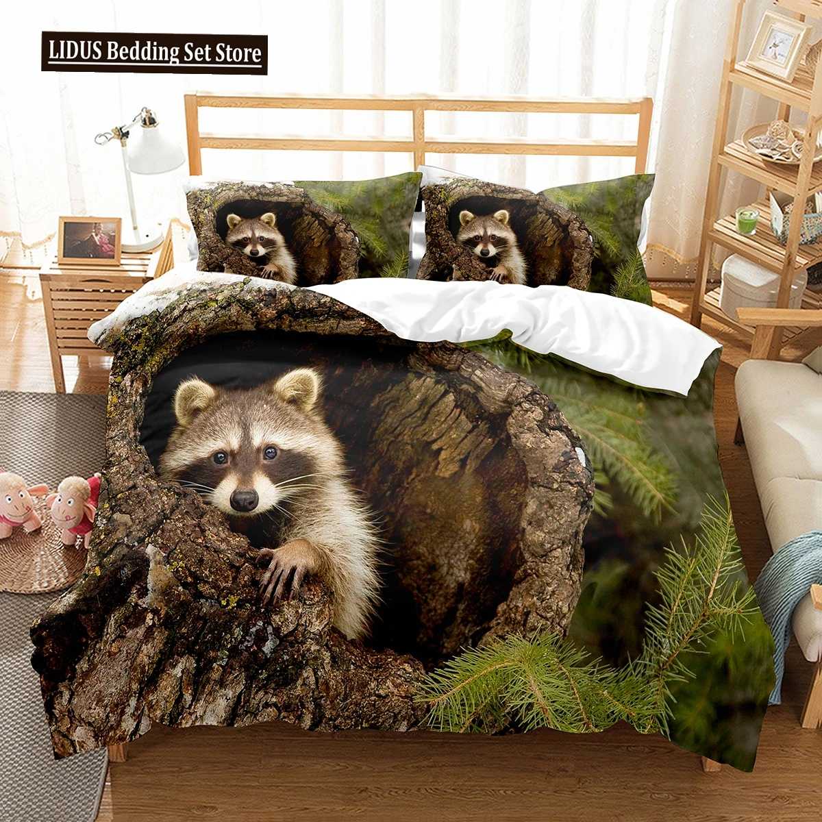 Raccoon Duvet Cover Set Cute Wild Animals Polyester Comforter Cover King Queen Size For Boy Girl Bedding Set With Pillowcase