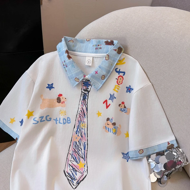 2025 صيف جديد متعدد الاستخدامات نمط Preppy المتخصصة الكرتون الكتابة على الجدران المتخصصة اقتصاص التلبيب فضفاضة قصيرة الأكمام شيك Ins تي شيرت #4