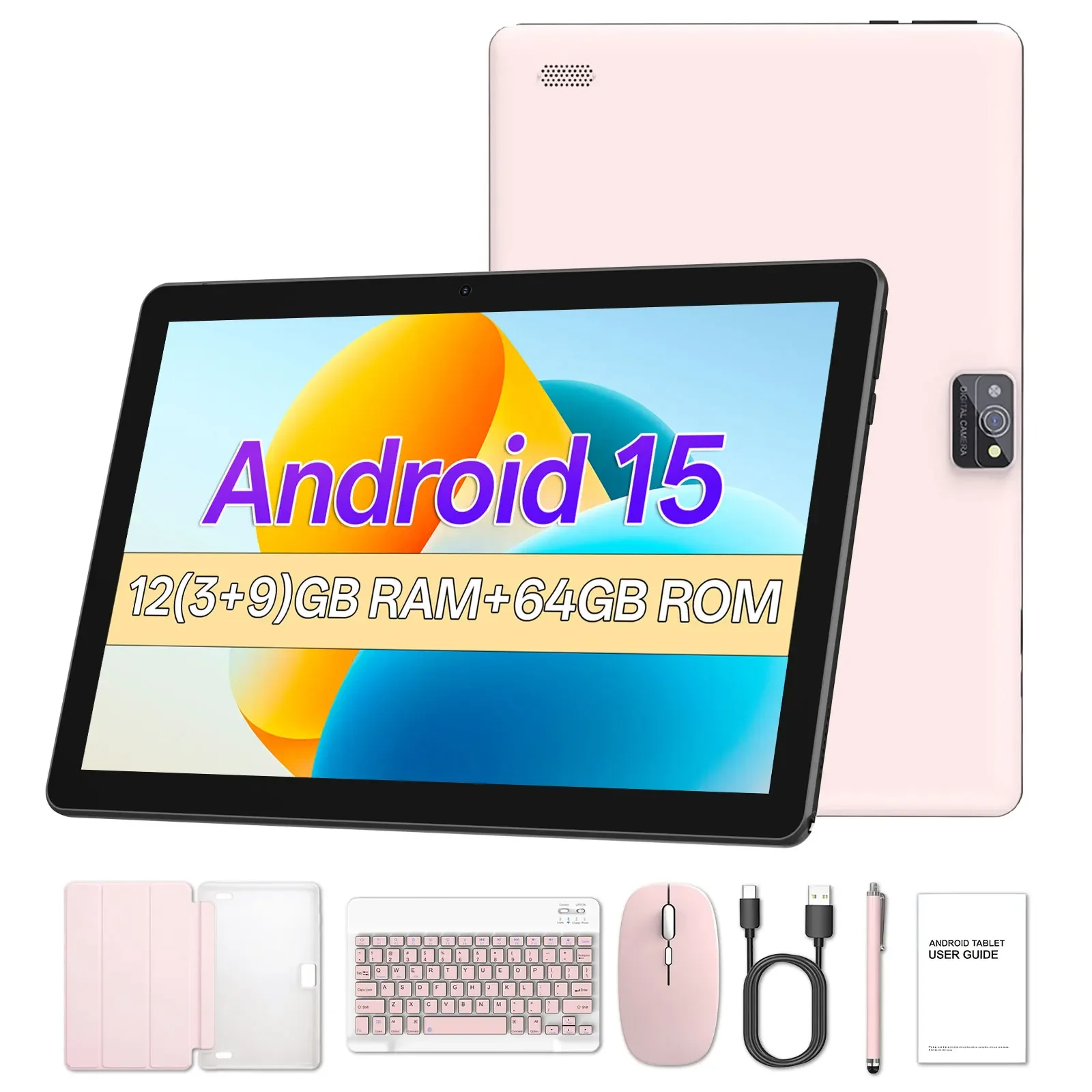 BAKEN 10-inch Tablet (Android 15): Quad-core processor, 12GB (3+9) RAM + 64GB storage (supports 2TB expansion), WiFi 62MP + 8MP