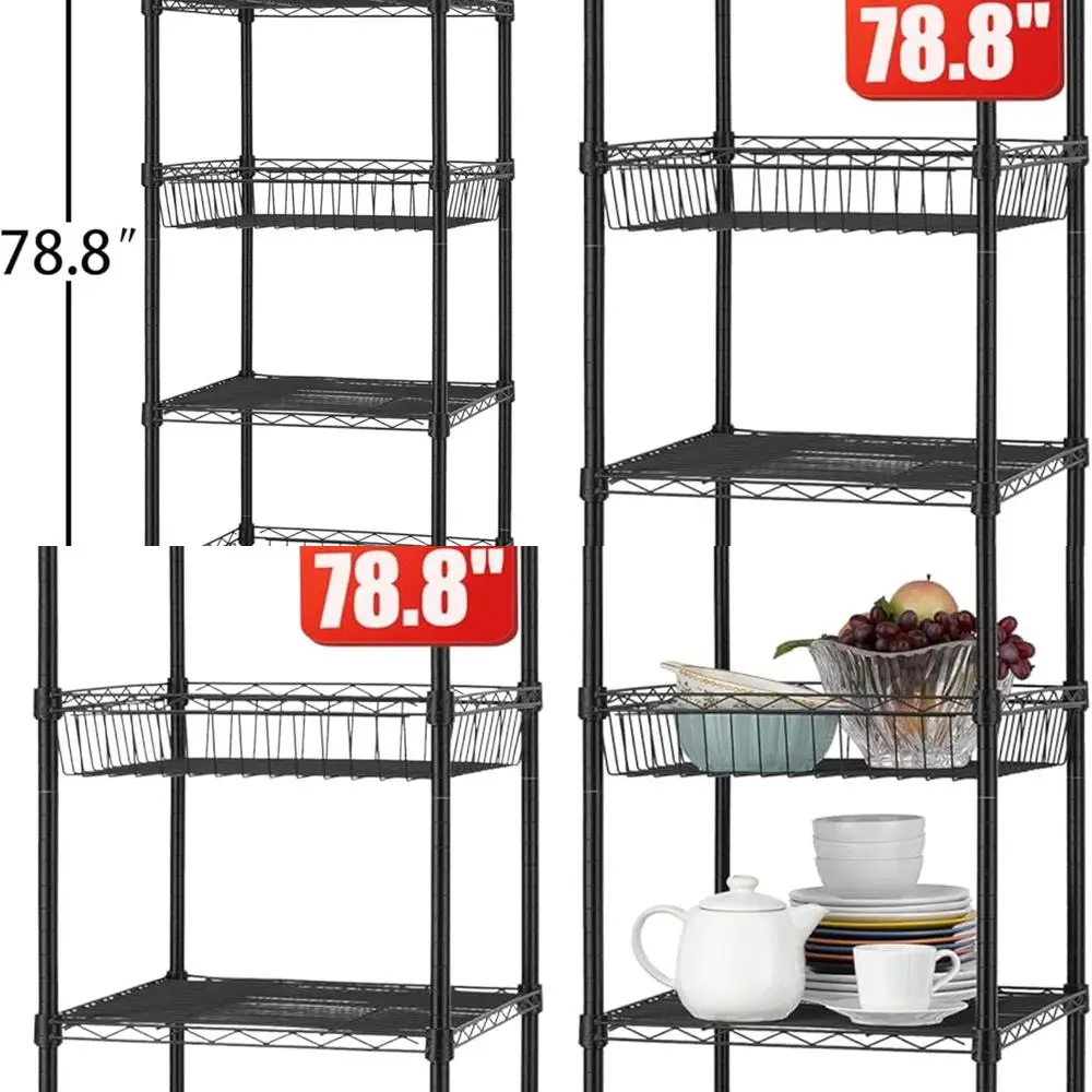 رفوف سلكية شديدة التحمل مكونة من 7 طبقات بعجلات، مقاس 18 × 18 × 78.8 بوصة، رف تخزين للمطبخ/الحمام/المكتب، معتمد من NSF، باللون الأسود