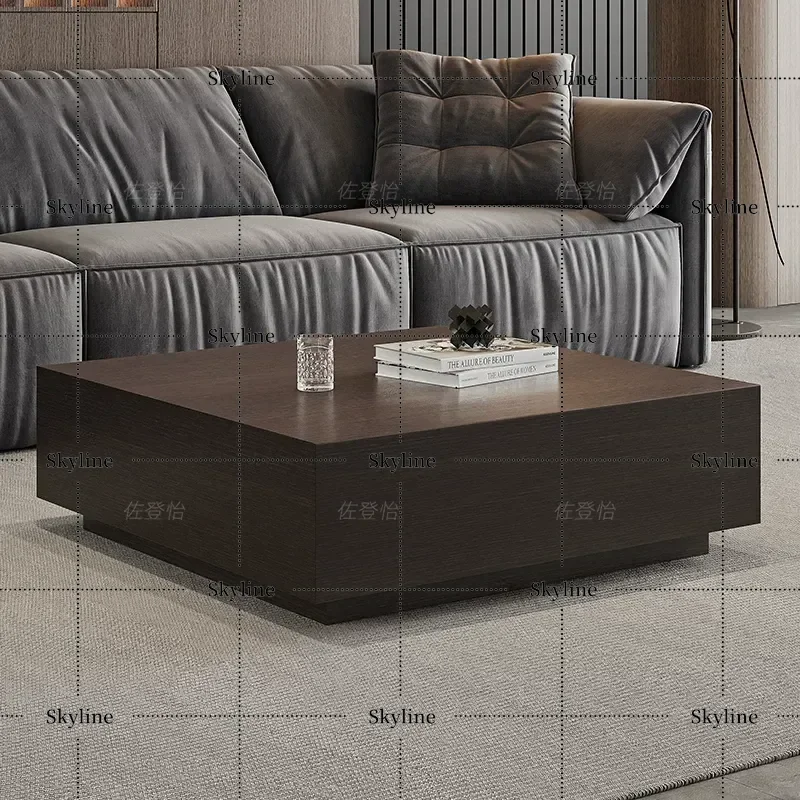 Italian Minimalist Solid Oak Coffee Table, Smoky Square Low Table Light Luxury Living Room Furniture