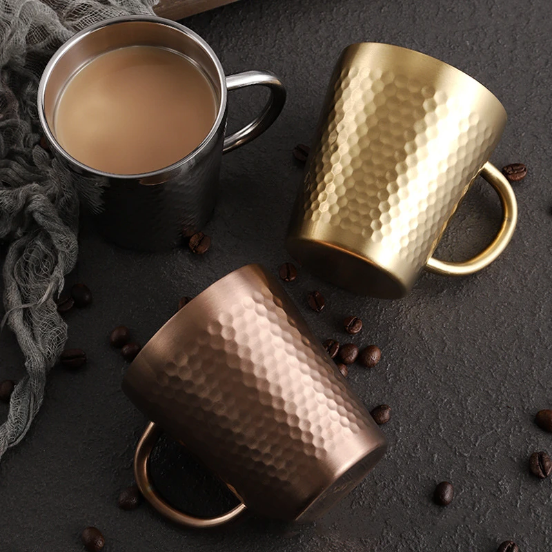 Hammered Texture Coffee Cup 304 Stainless Steel Double Wall Anti-scalding Handle Tea Cup Juice Drink Milk Coffee Travel Mug