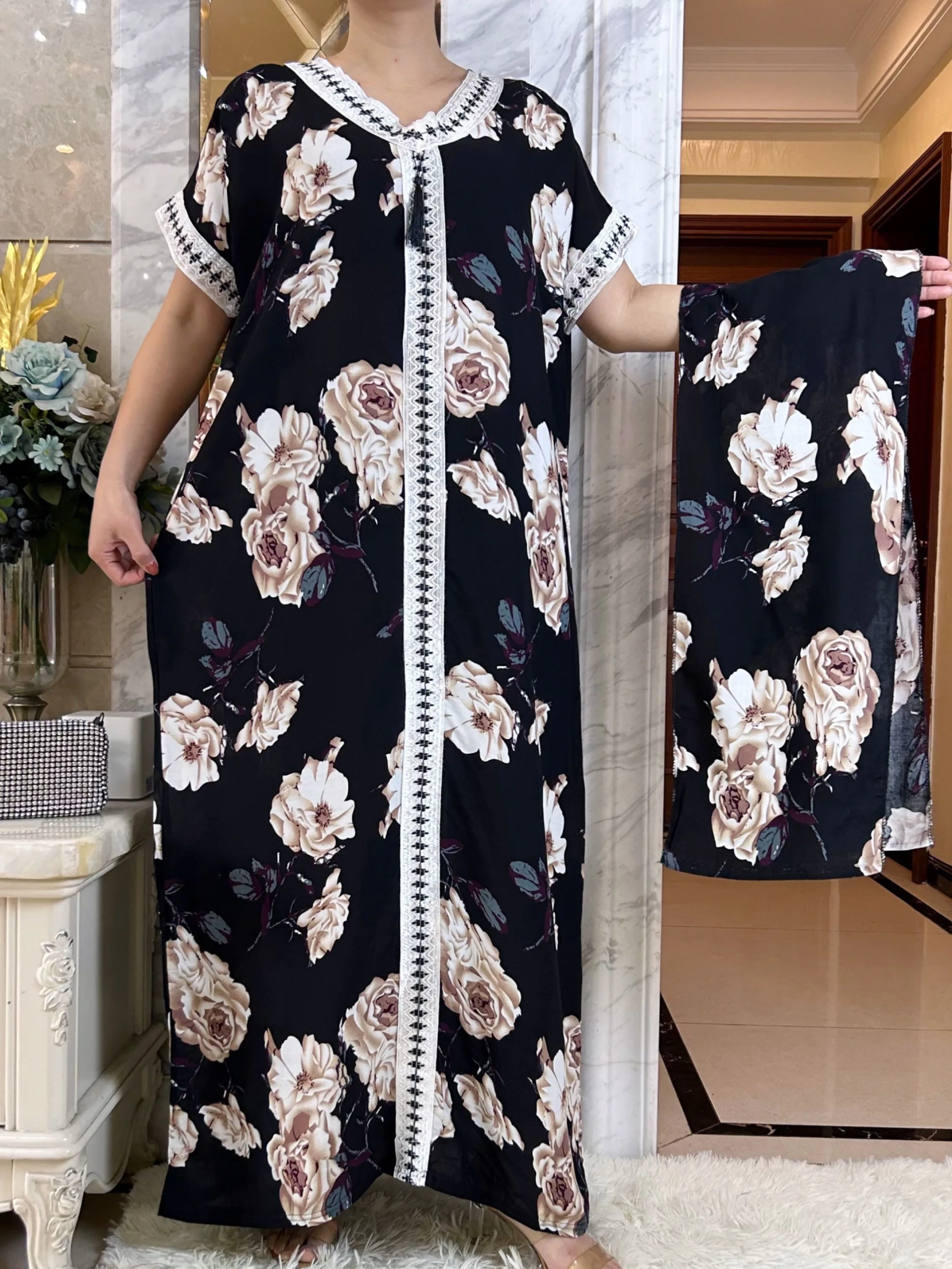 New Summer Short Sleeve 2 Pieces African Dashiki Floral Printing Solid Cotton Loose Caftan Lady  Maxi Casual Dresses Vestidos