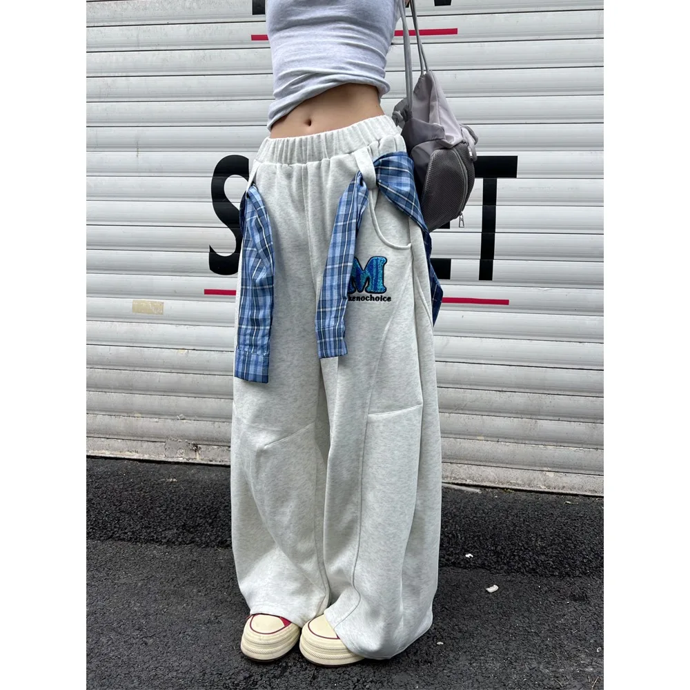 

Men's Casual Pants American Sle ex High Waist Wide Leg Bend Knife Pants Embroidery Spor Loose Fit Trendy Straight Tube