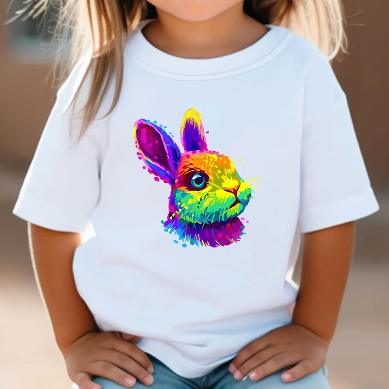 

Punk Colorful Rabbit Kids T-shirts Toddler Cartoon Aesthetics Clothes Summer Short Sleeve Tee Top Boy Girl Harajuku Bunny Tshirt