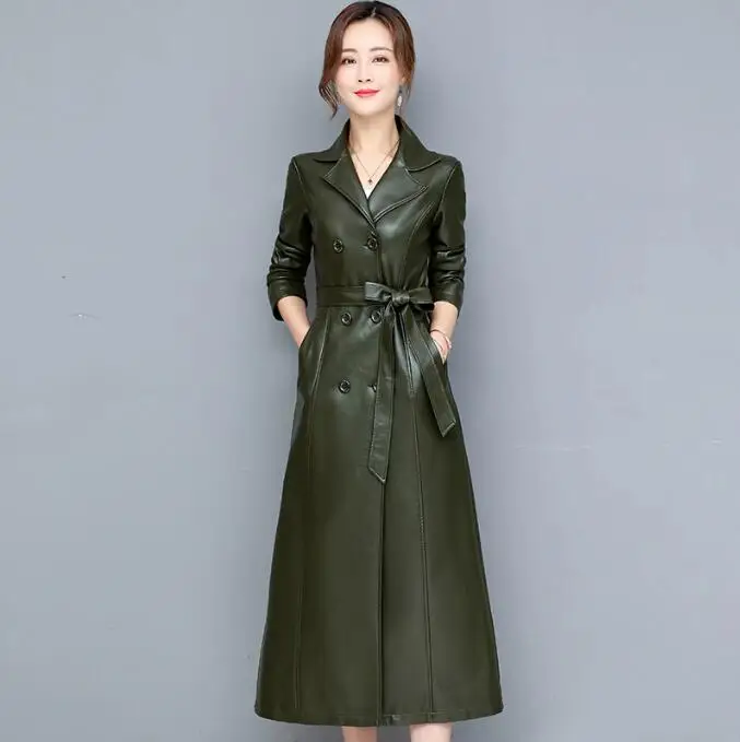 Frühling Herbst langer Mantel schwarzer Pu Leder Trenchcoat für Frauen Gürtel Zweireiher Casual Fashion Slim Jacke