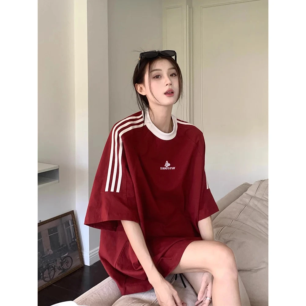 Women's Vintage Contrast Color Stripe Short Sleeve Tshirt Summer Sports Leisure Loose Jersey Tshirt Korean Style Female Clothing