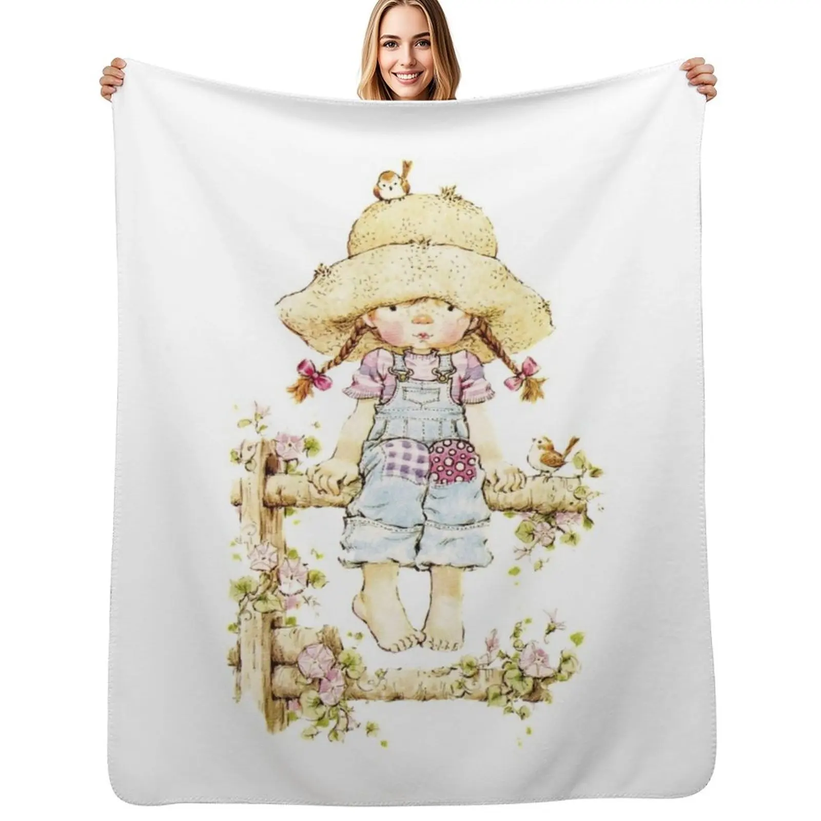 

Sarah Kay - Girl sitting on a fence with birds Throw Blanket Travel Size Cozy Blanket for Plane Train
