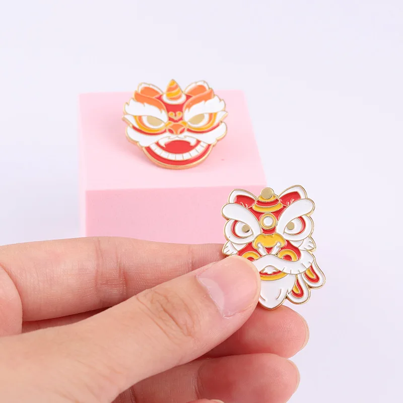 Chinese Style Enamel Pins Custom Traditional Folk Art Lion Dance Animal Brooch Bag Lapel Badge Cute Pin Jewelry Gift for Friends