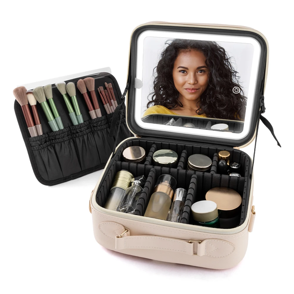 Missmeeca-Trousse de maquillage de voyage avec miroir lumineux LED, trousse de train cosmétique, organisateur cosmétique (blanc)