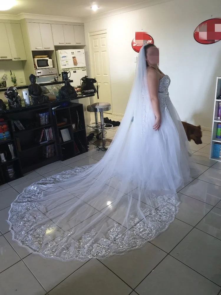 Voile de luxe en dentelle blanche/ivoire, 3m de Long, voile de tête Long avec peigne, Tulle à paillettes appliquées, pour mariage