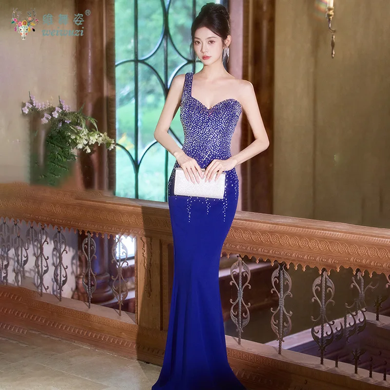 

Luxurious and Exquisite Rhinestone Hot Stamping Fashionable and Sexy One Shoulder Backless Slim Fit Fish Tail Evening Dresses