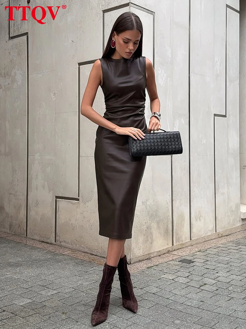 

TTQV Bodycon Brown Pu Leather Women's Dress 2026 Summer O-Neck Sleeveless Midi Dresses Lady Elegant Classic Solid Female Dress