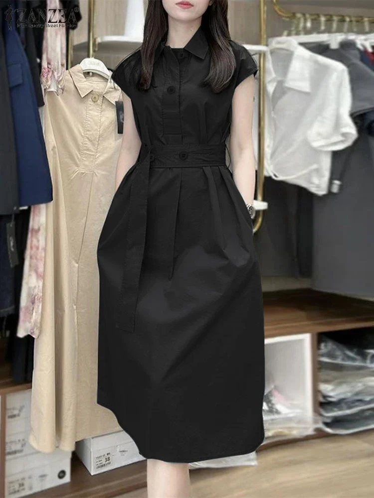 ZANZEA Donna Senza Maniche Ufficio Lavoro Vestito Estivo Elegante Cintura Camicia A Pieghe Abito Moda Tinta Unita Abiti Casual Abito Allentato