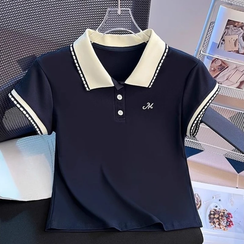 

Женская футболка-поло с коротким рукавом, стандартный крой, из смесового хлопка, с контрастным дизайном, приталенная, укороченная, летний топ для женщин