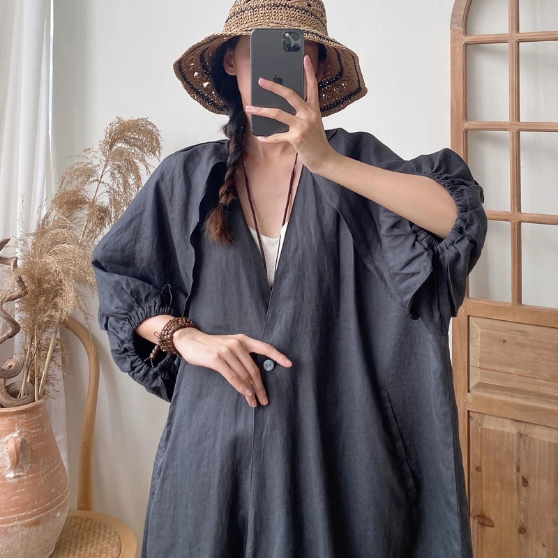 Johnature Summer New Long Vintage Linen Trench 2024 Casual V-neck Single Button Loose Slits All Match Women Coats