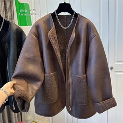 Losse Plus Size Leren Jas Dames Rits Bont Stiksels Een Ronde Hals Jas Herfst Winter 2024 Leren Overjas Dames