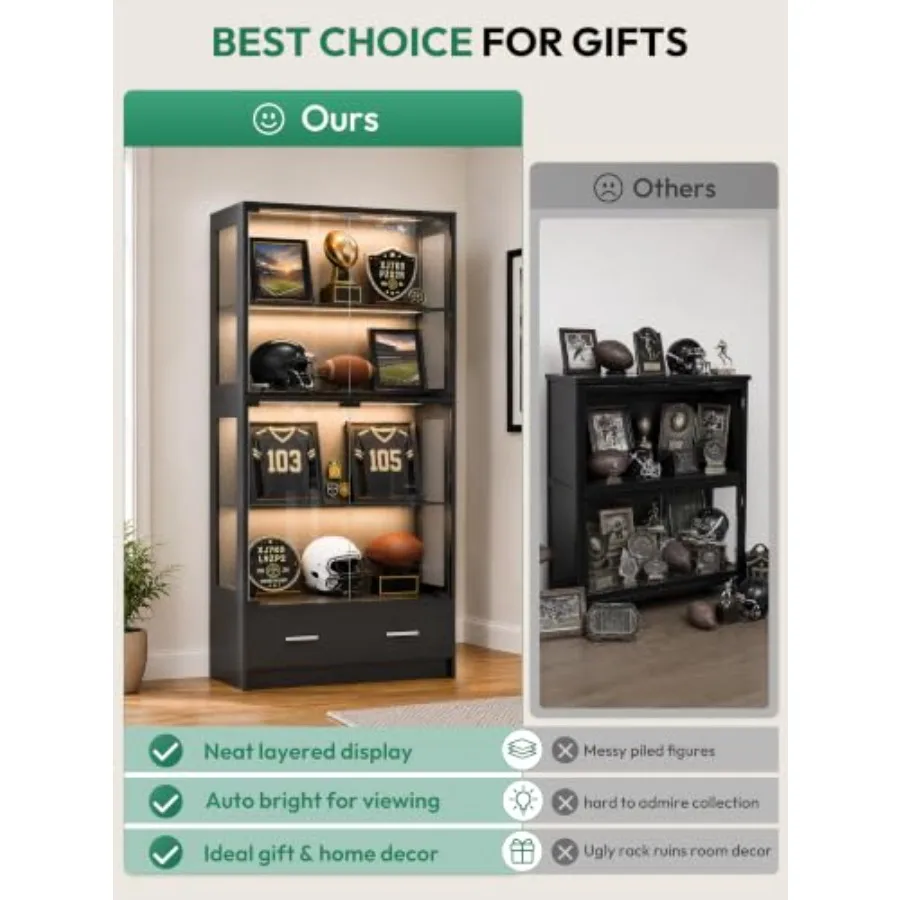 67-inch Glass Display Cabinet for Sports Memorabilia Black tempered glass, sleek black frame, anti-reflective display, secure l view 4
