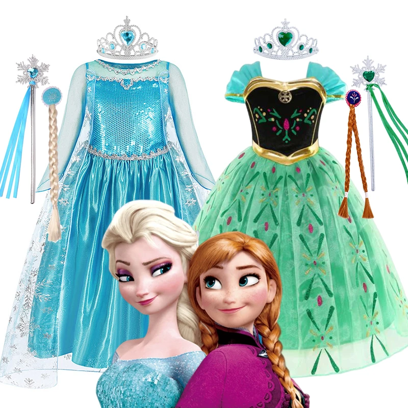 Disney Kids Cosplay Elsa Anna Princess Dress Girls Mesh Ball Gown Halloween Carnival Birthday Clothes  Snow Queen Frozen Costume