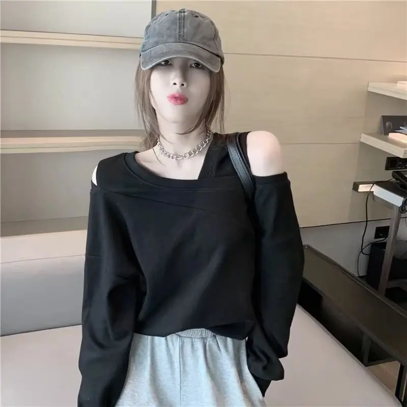 Fashion O-Neck Spliced Solid Color Off Shoulder T-Shirt Female Clothing 2024 Spring New Loose All-match Tops Casual Tee Shirt