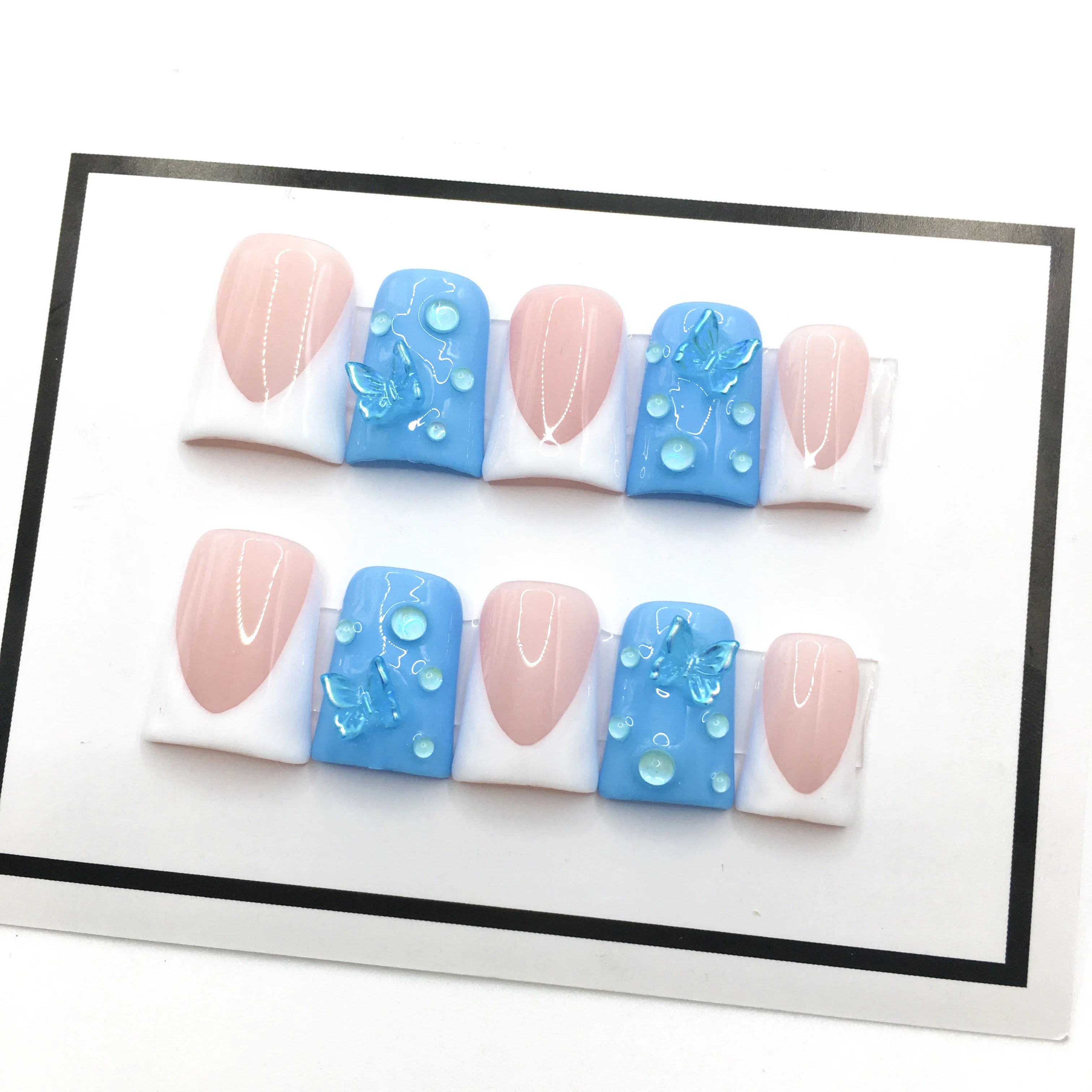 10pcs  Colorful Very Good Quality Blue And Pink Short Acrylic Handmade Nails Pressed On