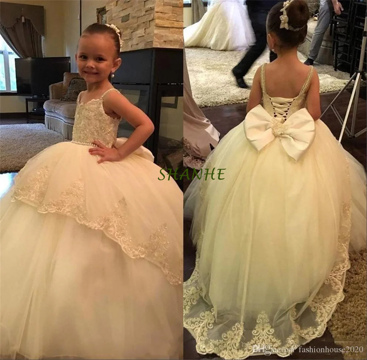 New Cute Flower Girls Dresses For Weddings Sleeveless Lace Appliques Beaded Corset Back With Bow Little Kids Holy First Communio