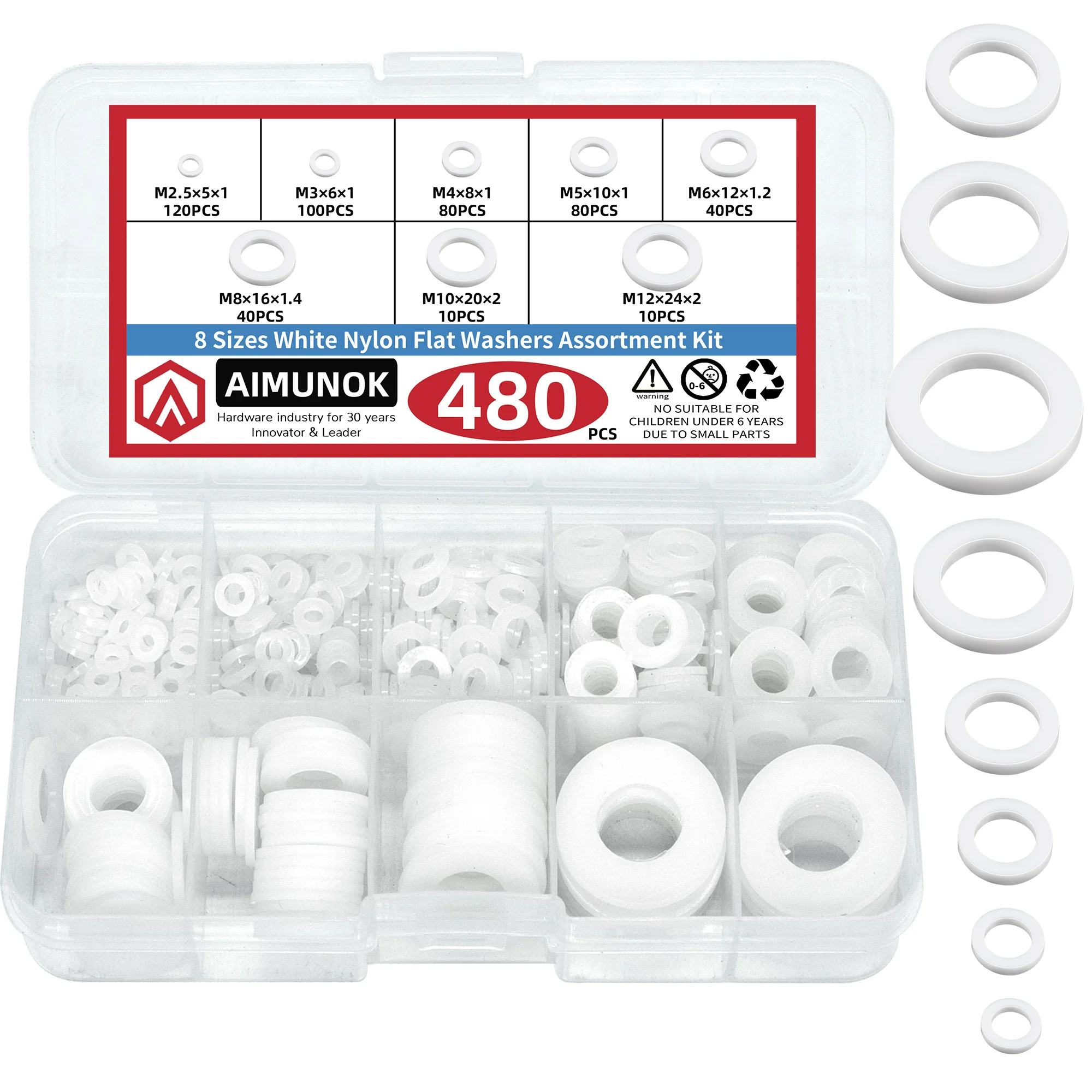 AIMUNOK 480PCS 8-Size White Nylon Flat Washers Set – Premium, Multi-Purpose for Home, Electric, Machinery & Vehicles!