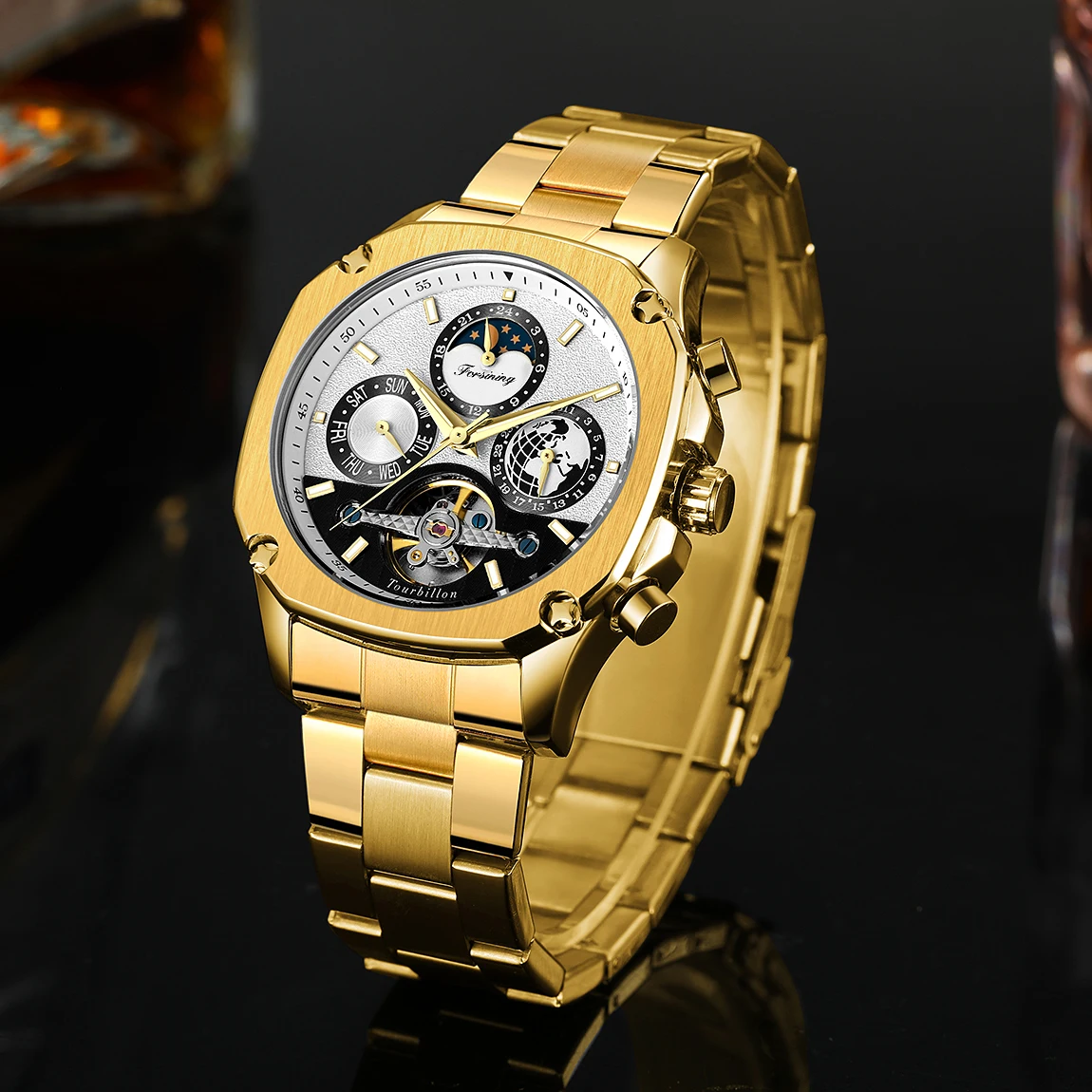 FORSINING Luxury Square Waterproof Mechanical Men's Watches Tourbillon Multi-Function Display Automatic Movement Stainless Steel