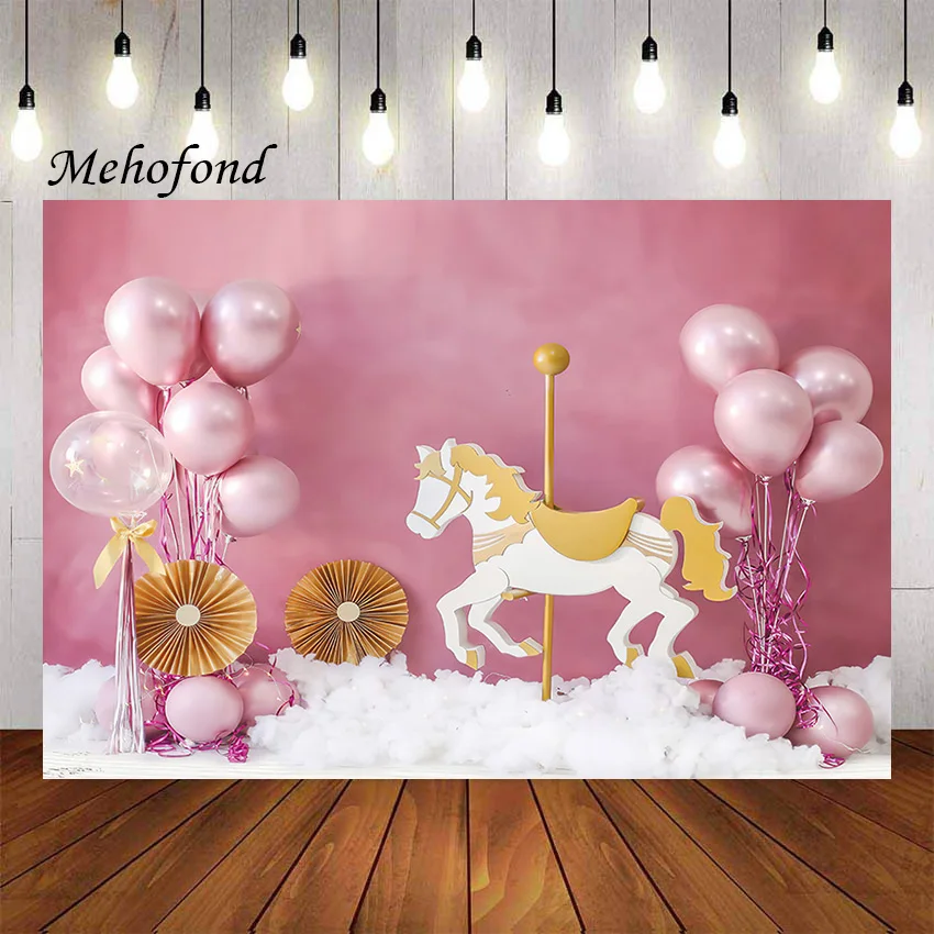Mehofond การถ่ายภาพพื้นหลังบอลลูนสีชมพู Carousel เจ้าหญิง1st วันเกิดเค้ก Smash Decor ฉากหลัง Photo Studio