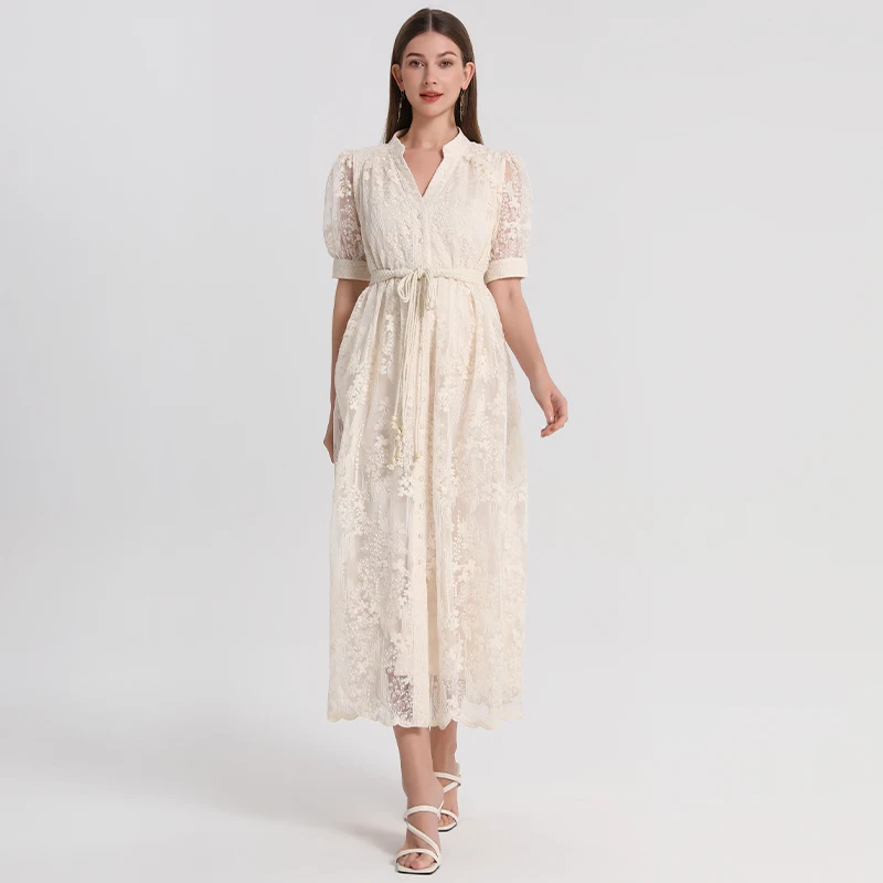 Luxury Formal Evening Long Dress Women Summer Short Sleeve Crochet Lace Embroidery Single Breasted Belt Prom Dresses Vestidos