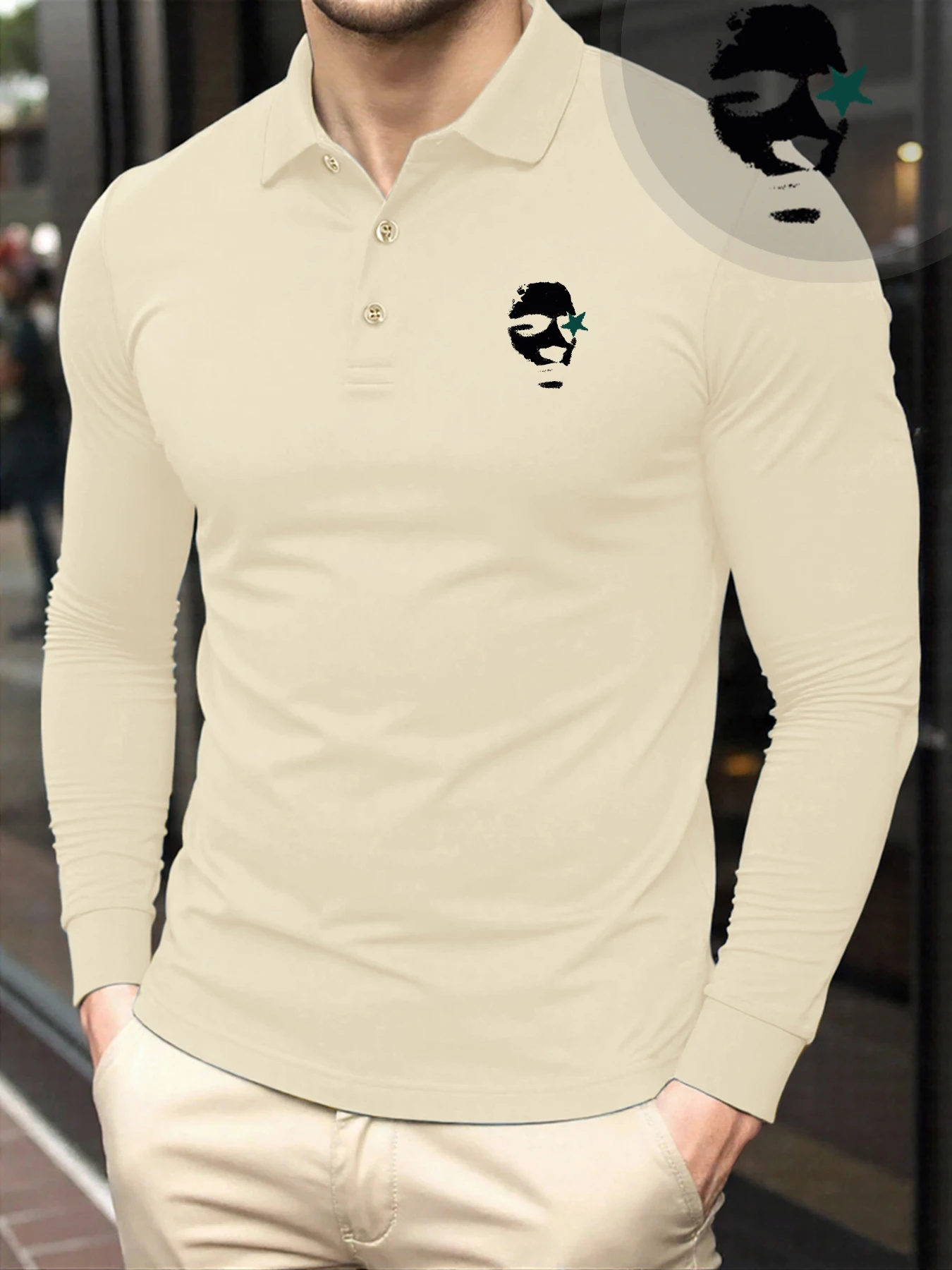 

Sketching Faces And Pentagrams Print Mens T Shirts Soft Vintage Polo Shirt All-Match Trendy Streetwear Casual Button Long Sleeve