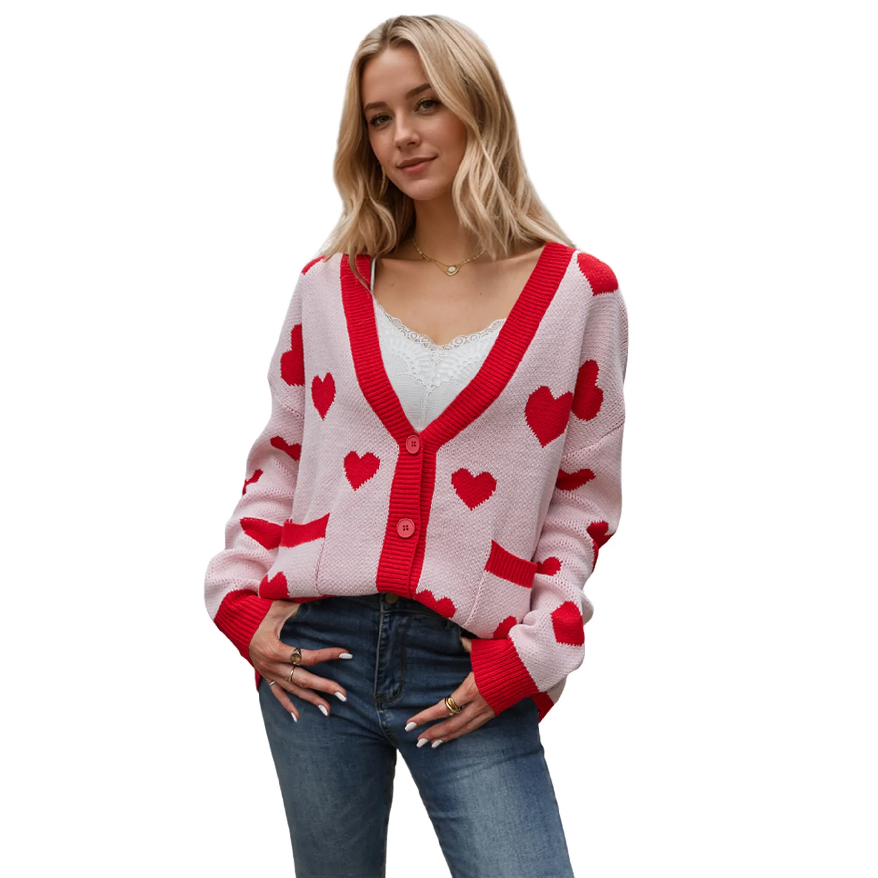 Jersey de punto con cuello en V y bolsillo para mujer, cárdigan con corazón y melocotón para el Día de San Valentín