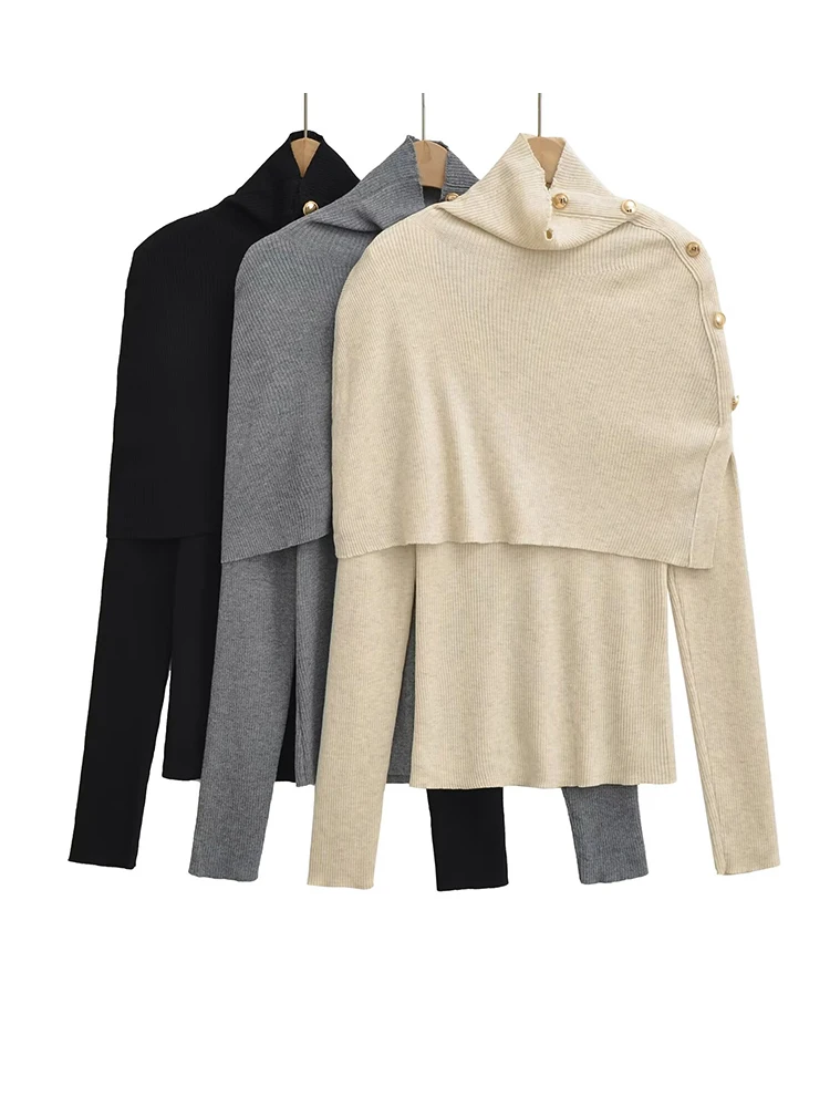 

Women Turtleneck Rib Knitted Pullovers Elastic Slim 3 Colors Golden Buttons Sweaters