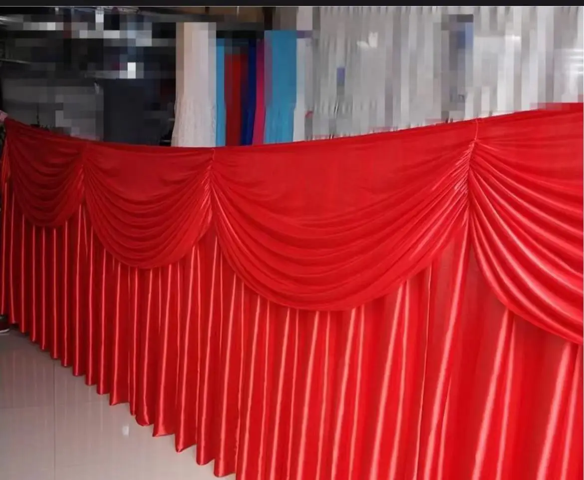 

Red Table Skirts Ice Silk 10/20ft Length (3/6M) Solid Table Cloth Beautiful Swag Table Cloth Wedding Curtain Decoration