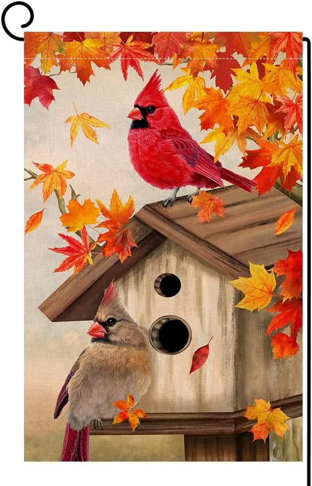 BLKWHT Fall Cardinal Bird Garden Flag 12x18 Vertical Double Sided Maple Leaves Welcome Autumn Thanksgiving Holiday Outside D uui