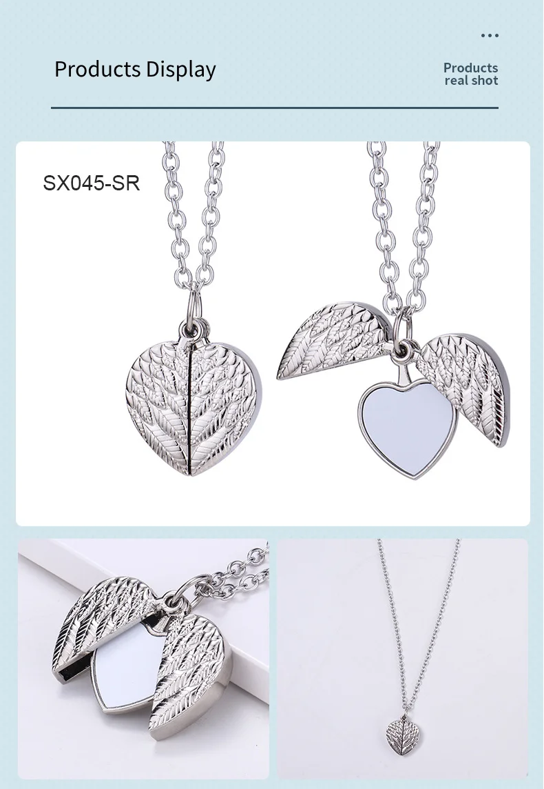 Fashion Necklaces With Angel Wing Heart Pendants Sublimation Blank Necklaces Creative Gifts For Transfer Print Phone Name