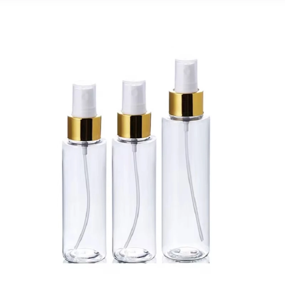 1pcs Refill Bottles PET Glossy Gold Pump Cosmetic Atomizer Clear Plastic Empty Hair Mist Spray Bottle 100ml 150ml 200ml 250ml