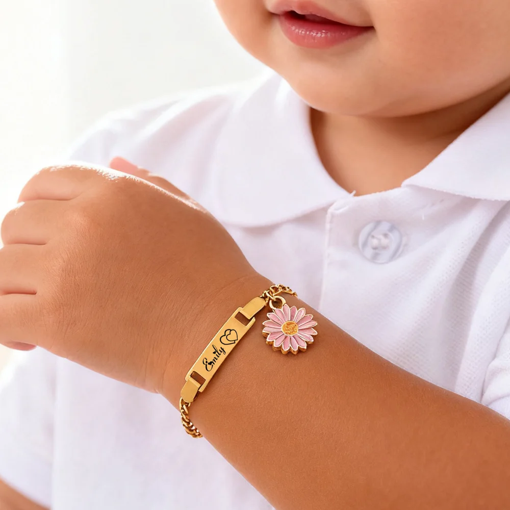 

Pink Daisy NK Chain Children's Bracelet Personalized Name Stainless Steel Adjustable Chain Christmas Gift for Kid Girls