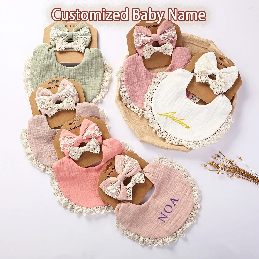 3Pcs/Set Custom Baby Bib Cotton Baby Bibs & Lace Headband Hair Bands Muslin Burp Cloth Girl Accessories Newborn Boy Cloths Gift