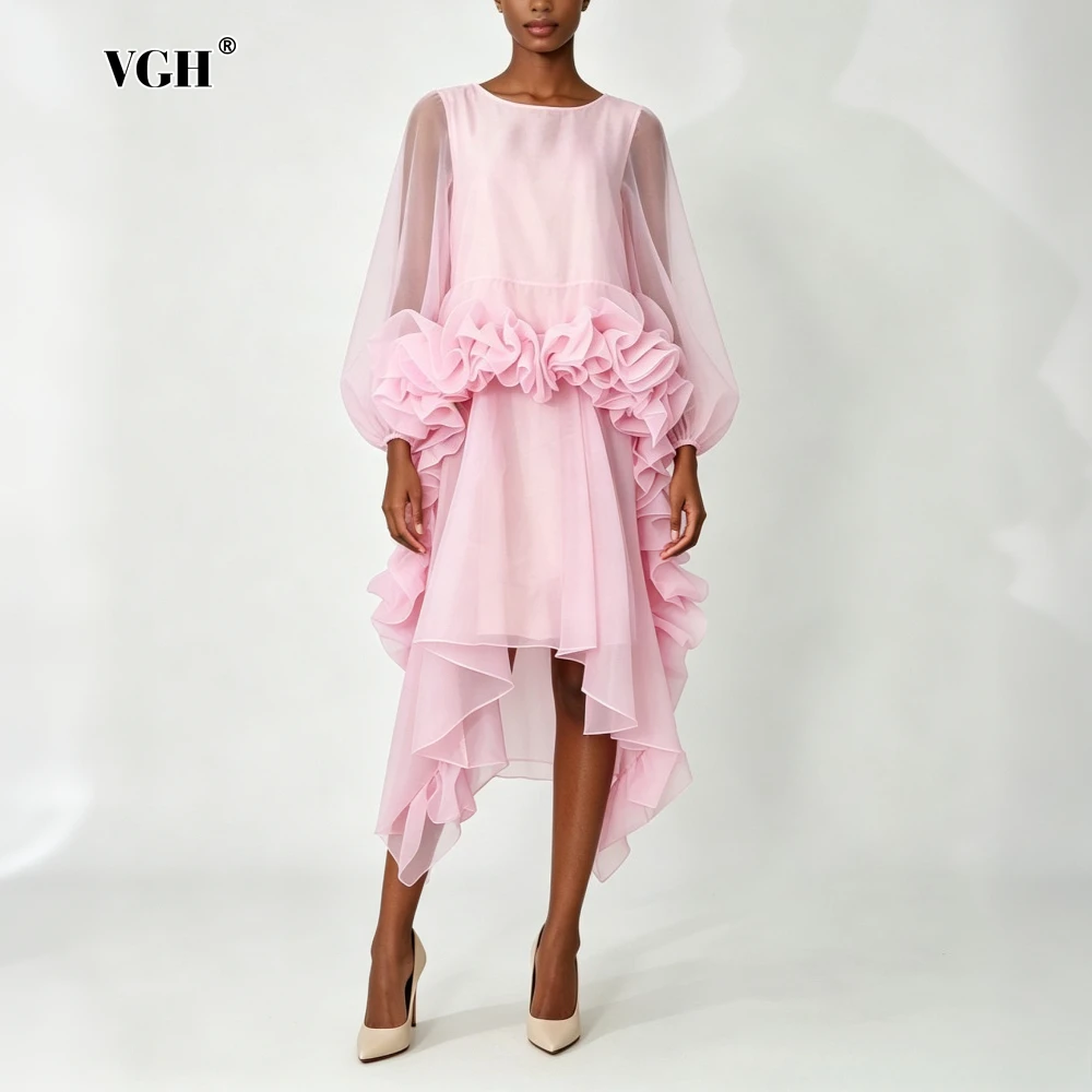VGH Romantic Folds Women Two Piece Set O Neck Long Sleeve Loose Top Asymmetrical Skirt for Evening Cocktail Holiday Wear Fashion