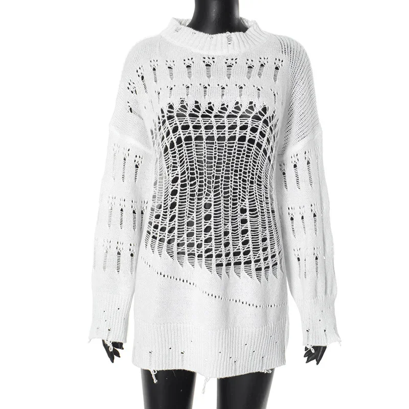 Women Sexy Hollow Out Knitted Pullovers Sweaters Fashion O-neck Full Sleve Loose Casual Y2K Streetwear Cover Ups Mini Dress