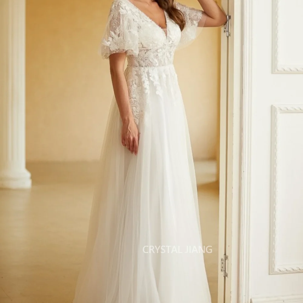 Elegant Long V Neck Tulle Wedding Dresses Natural Waist with Short Sleeves A Line Floor Length Robe De Mariage