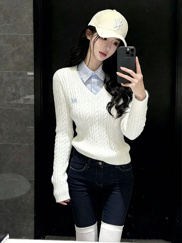 

Вязаный свитер в американском ретро-стиле с имитацией двойки, с длинным рукавом, универсальный трикотажный топ с полосатым узором, премиум-класс