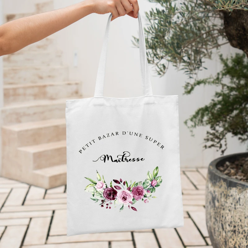 Bolso de mano con estampado de flores francesas para mujer, bolsa de compras de lona, estética