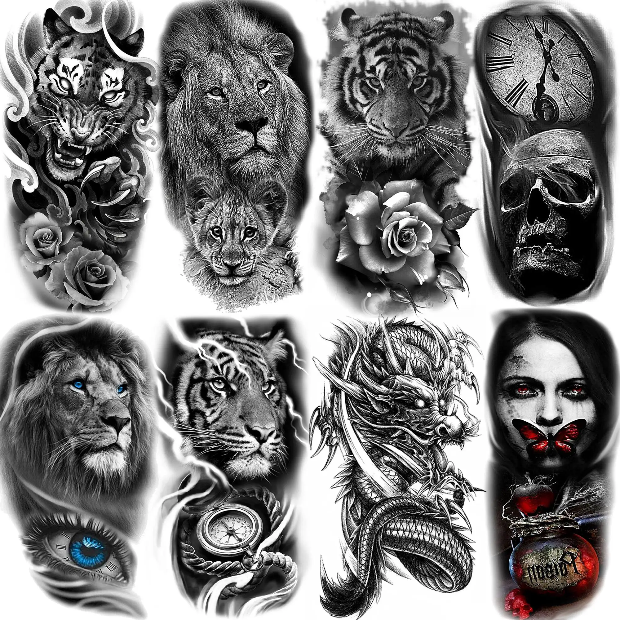 8 Sheets Tribal Eye Lion Dragon Temporary Tattoos For Adults Women Fake Tattoos Black Skull Tiger Tatoos Clock Skeleton Gangster